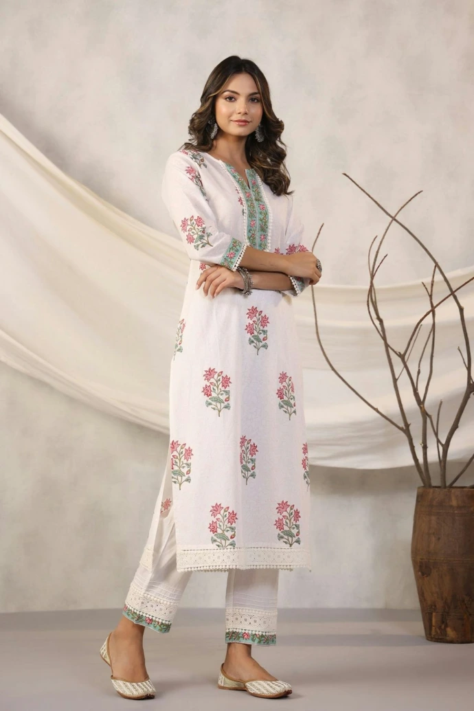 Woman models a white floral kurta pajama.