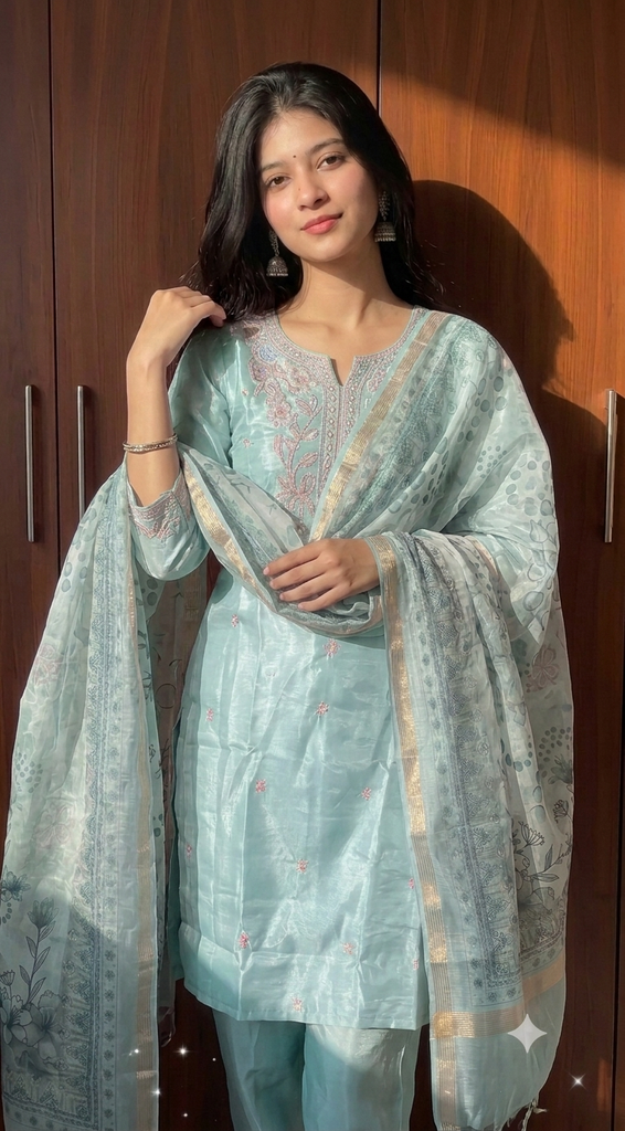 Royal Light Green Handmade Embroidery 3 piece suit