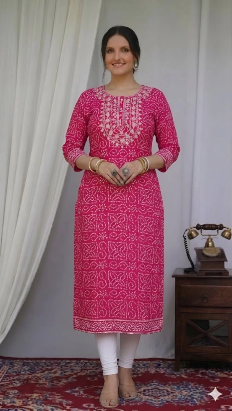 pink cotton kurti wtih artistic desing