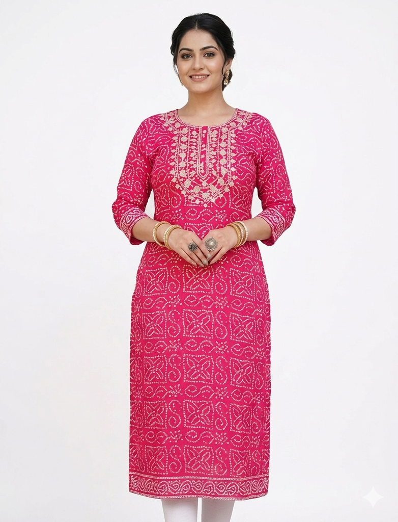 pink cotton kurti wtih artistic desing